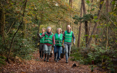 Vrijwilligers van Meer Bomen Nu lopen in het groen met een schep in de hand