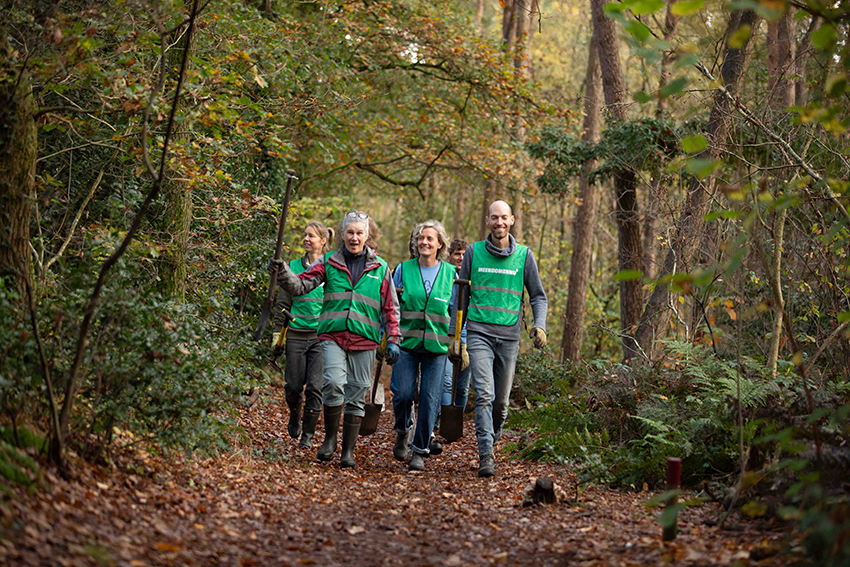 Vrijwilligers van Meer Bomen Nu lopen in het groen met een schep in de hand